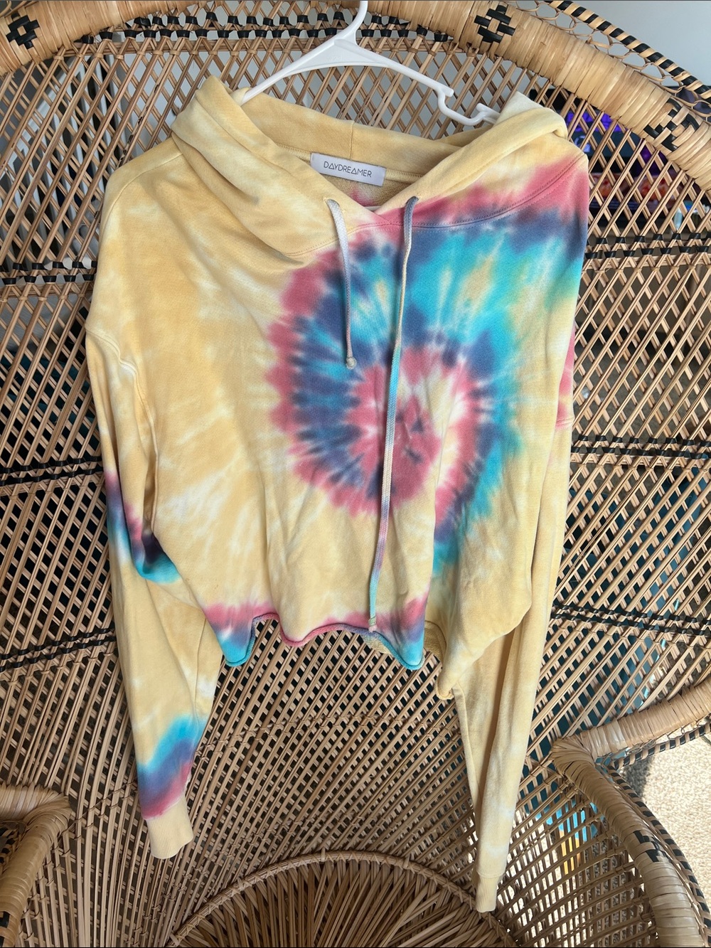 Daydreamer Yellow Tie-Dye Cropped Hoodie with Blue & Pink Spiral